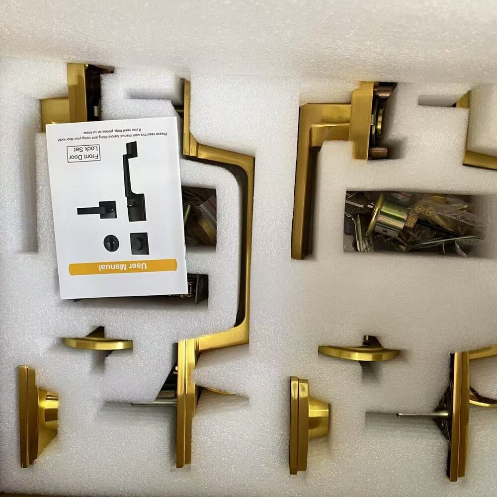 Virego Double Door Handle Set, Polished Gold Double Front Door Handle Sets